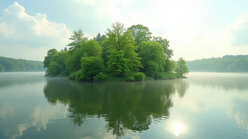 Nemuno sala su žaliais medžiais, upės vanduo aplink, vasarinis rytas su šviesia šviesa