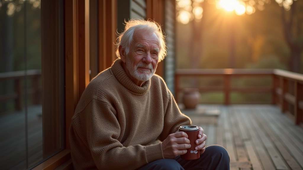 Senielis su šiltu megztuku, geriantis kavą iš termo puodelio ant medinės platformos