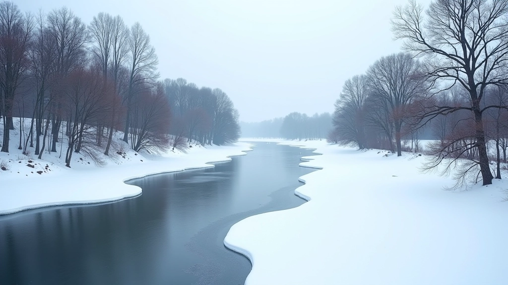 Nemuno salės žiemą su ledynais ir sniego padengtomis medžiais